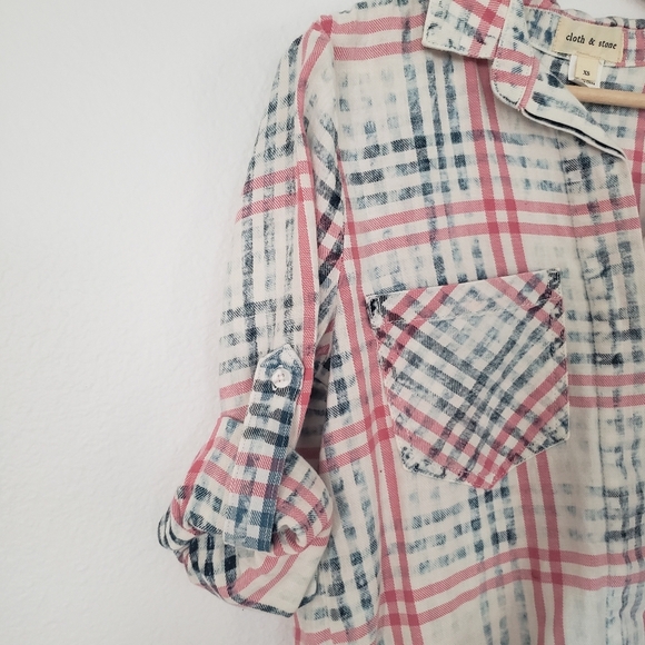 NWT Cloth & Stone Anthropologie Women's Pink Blue Plaid Button Down Shirt - Picture 5 of 7